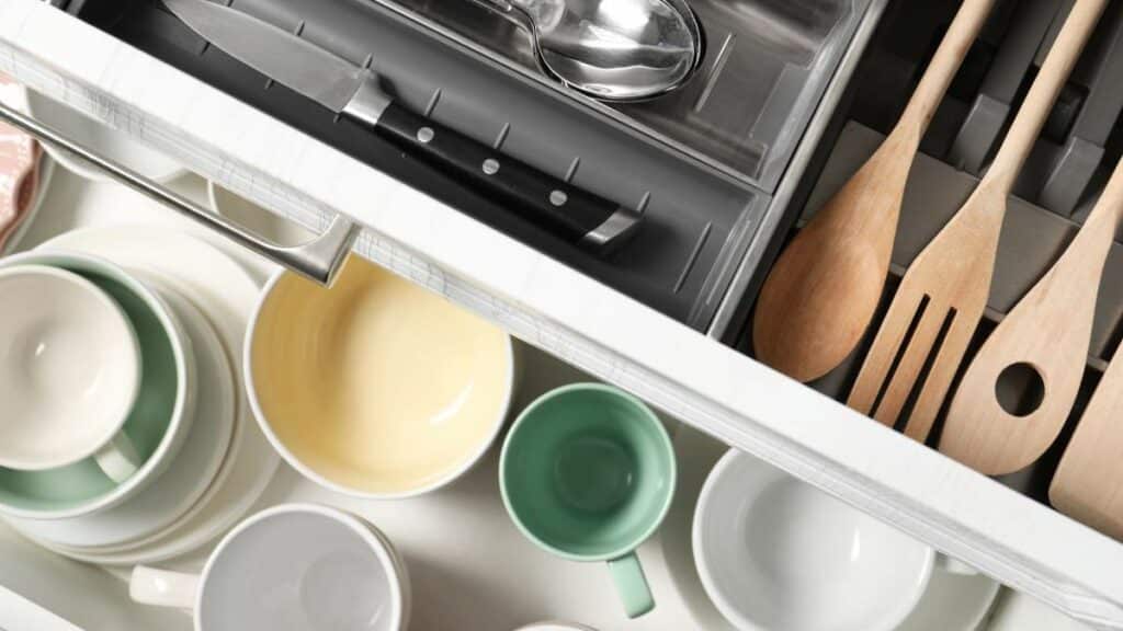 Vue d'en haut d'un tiroir d'ustensiles de cuisine bien rangés